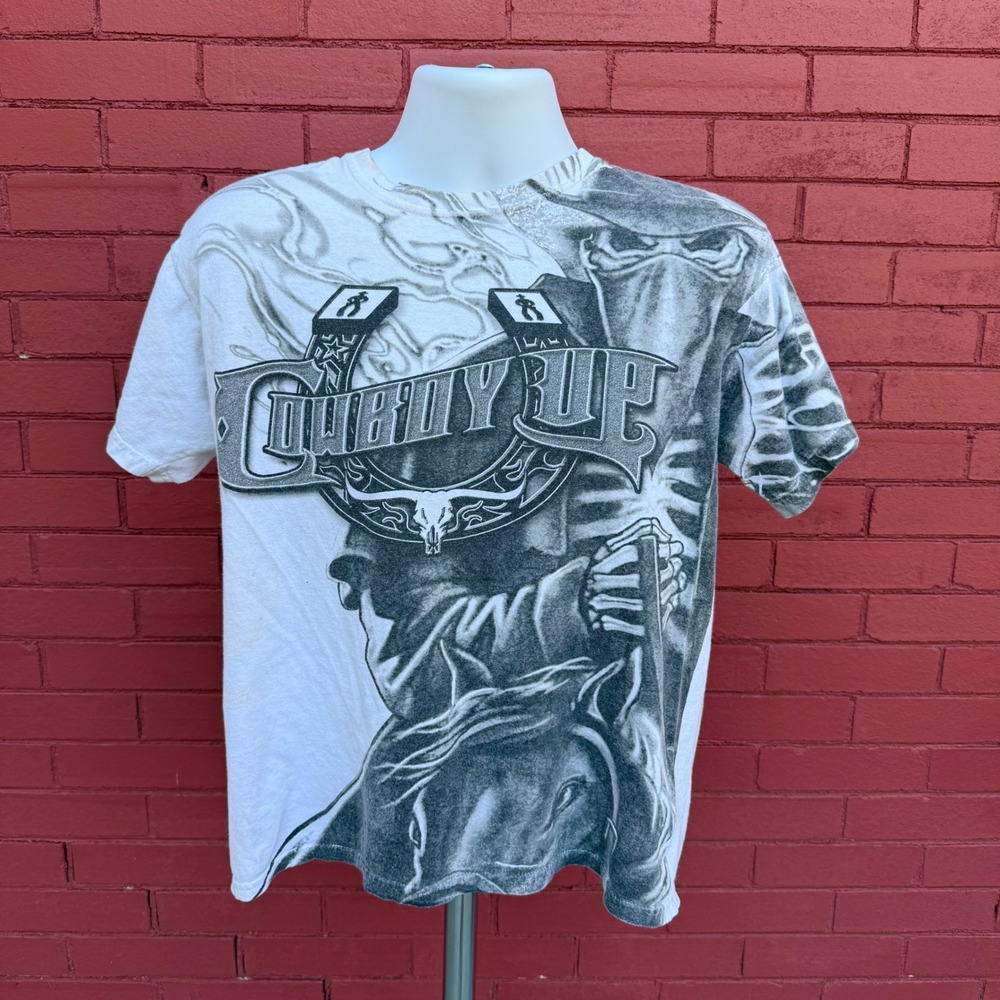 Vintage‎ Cowboy Up Shirt Mens Size Medium Western Rodeo Graphic Tee AOP Graphic